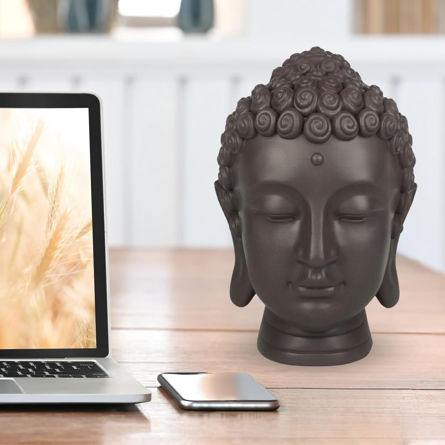 Zen'Light - Statuetta con testa di Buddha - Decorazione per Zen, meditazione e feng shui - Regalo per un'atmosfera rilassante e spirituale - Statuetta di Buddha - Altezza: 20 cm - Colore: verde/marrone Statue e sculture Naty Shop