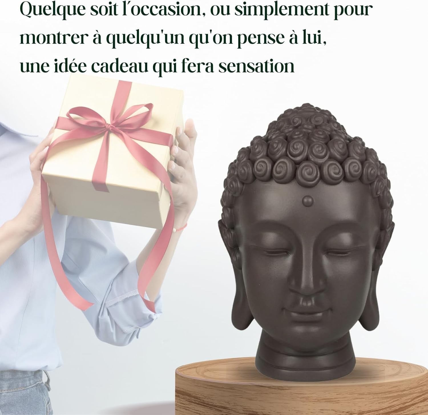 Zen'Light - Statuetta con testa di Buddha - Decorazione per Zen, meditazione e feng shui - Regalo per un'atmosfera rilassante e spirituale - Statuetta di Buddha - Altezza: 20 cm - Colore: verde/marrone Statue e sculture Naty Shop