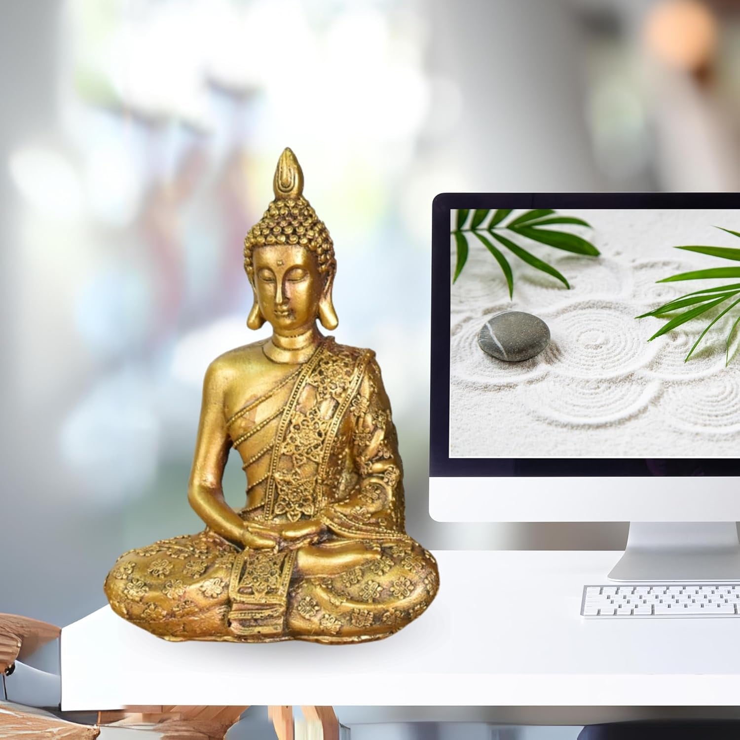 Zen'Light - Statuetta con testa di Buddha Sanci - Decorazione per Zen, meditazione e feng shui - Regalo per un'atmosfera rilassante e spirituale - Statua di Buddha - Altezza: 18 cm - Colore: oro Statue e sculture Naty Shop